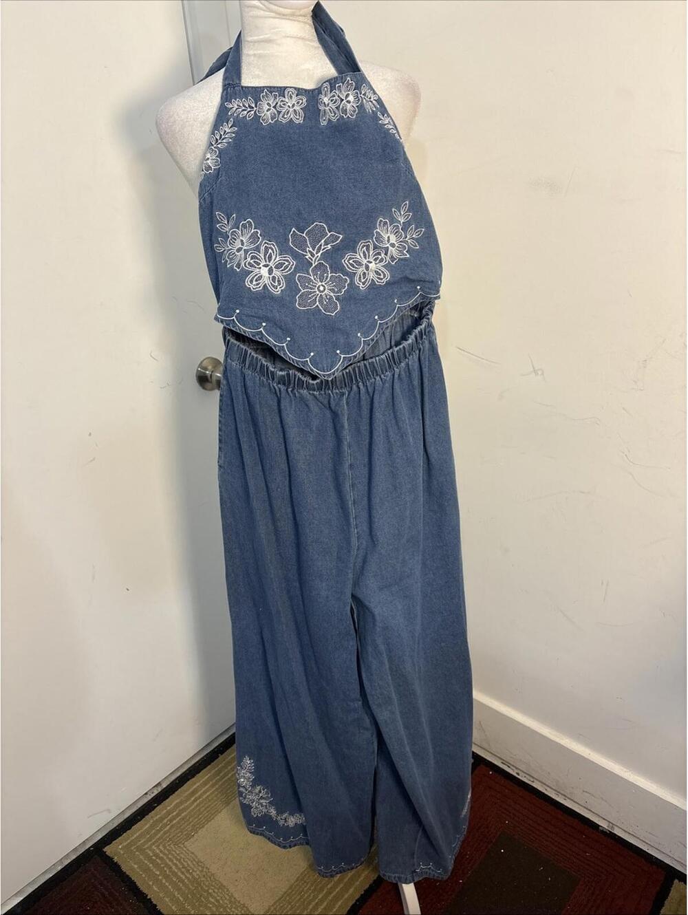 Denim jumpsuit Embroidered Halter Top High Rise WiDe Leg Small NWOT Boho Cottage